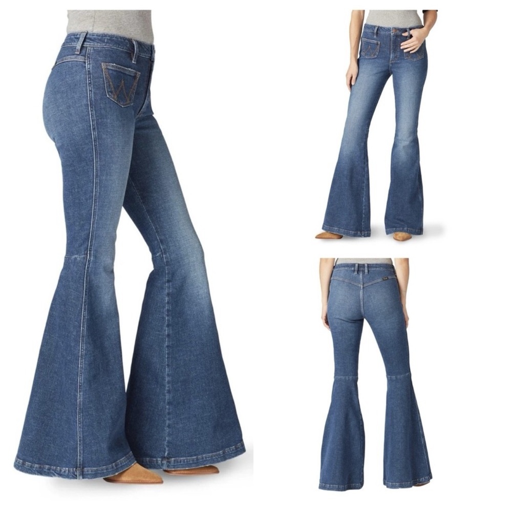 Wrangler Retro Women28*34 High Rise Flare Jeans Sailor Pocket Boho Hippie Cowboy